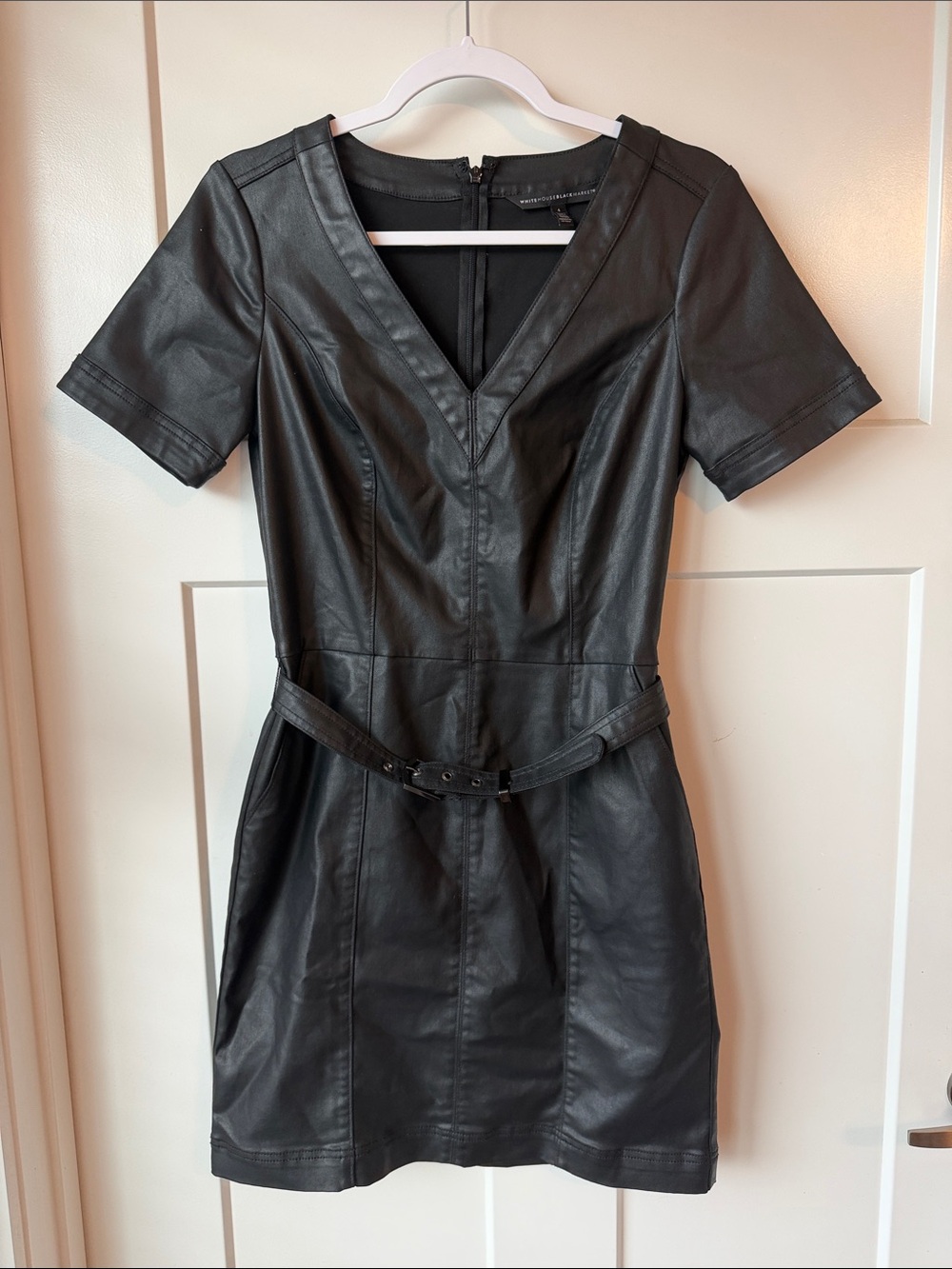 White House Black Market Black Faux Leather V-Neck Belted Mini Dress
